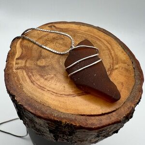 18” Sterling Silver Wrapped Brown Glass Pendant Necklace